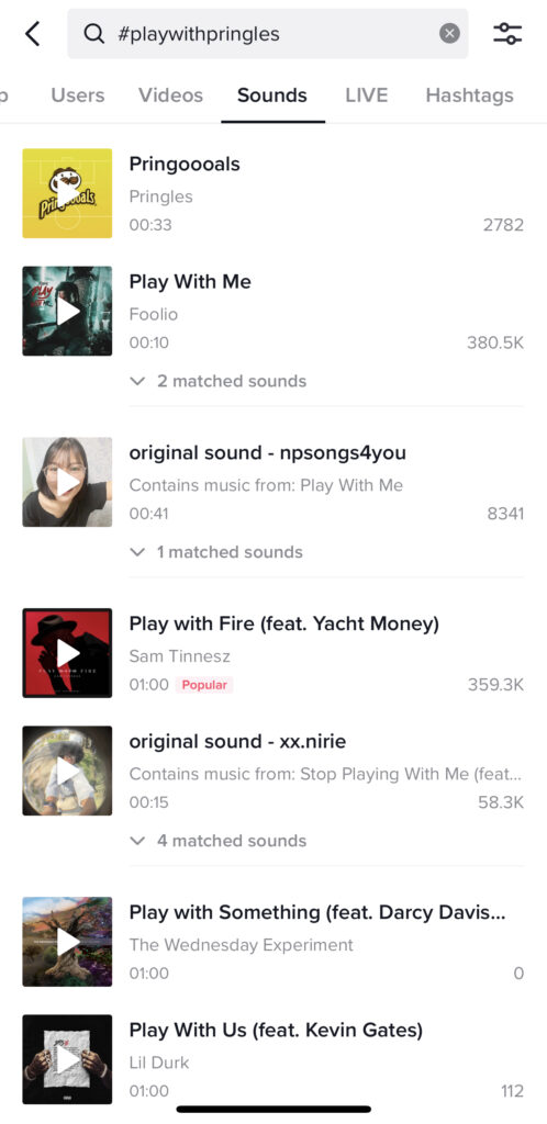 TikTok sounds page showing the navigation tools to find the right sound for a video.