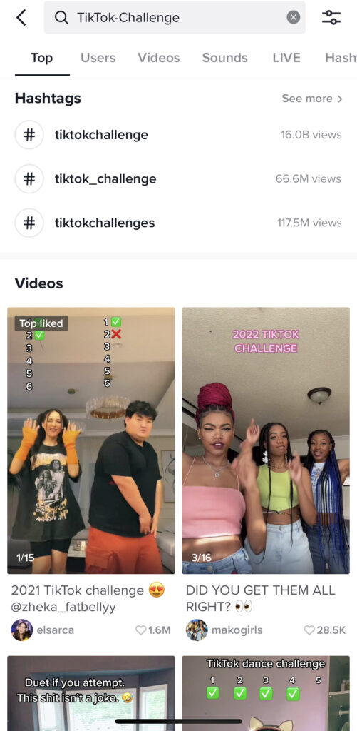  Screenshot van video's van de hashtag-uitdaging om meer volgers te krijgen op TikTok.