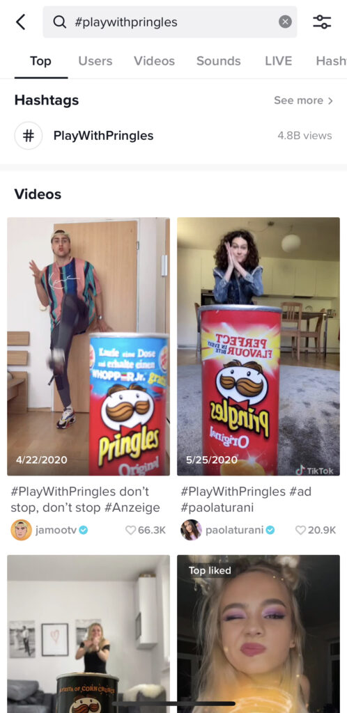 Screenshot van een branded hashtag challenge als een manier om meer TikTok volgers te krijgen. 