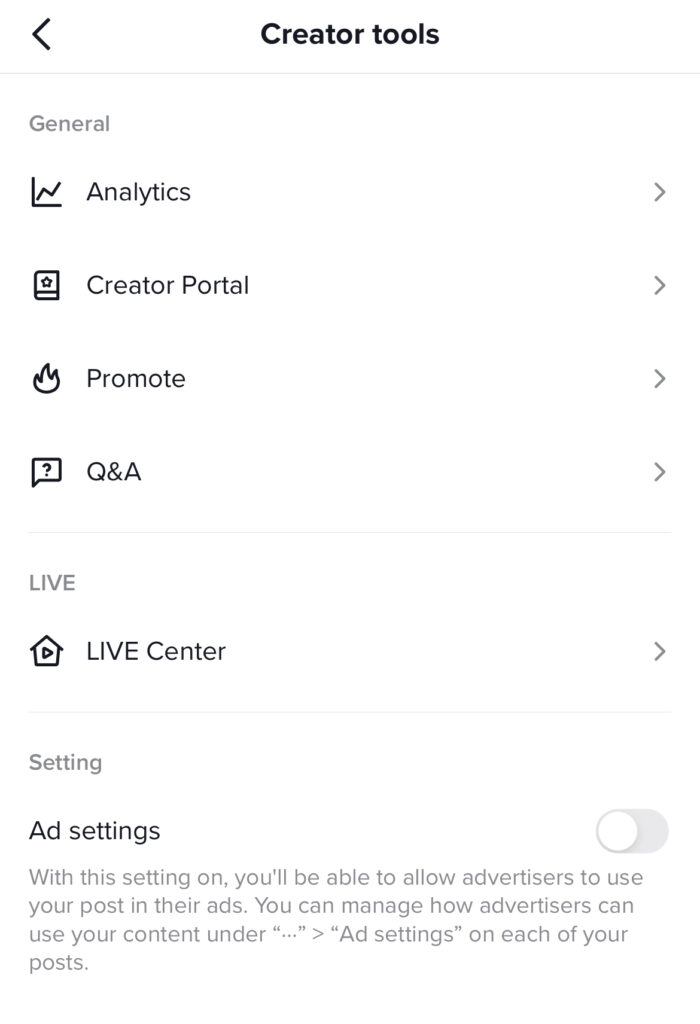 TikTok Settings and Privacy page displaying Creator tools option to access the Promote tool. 
