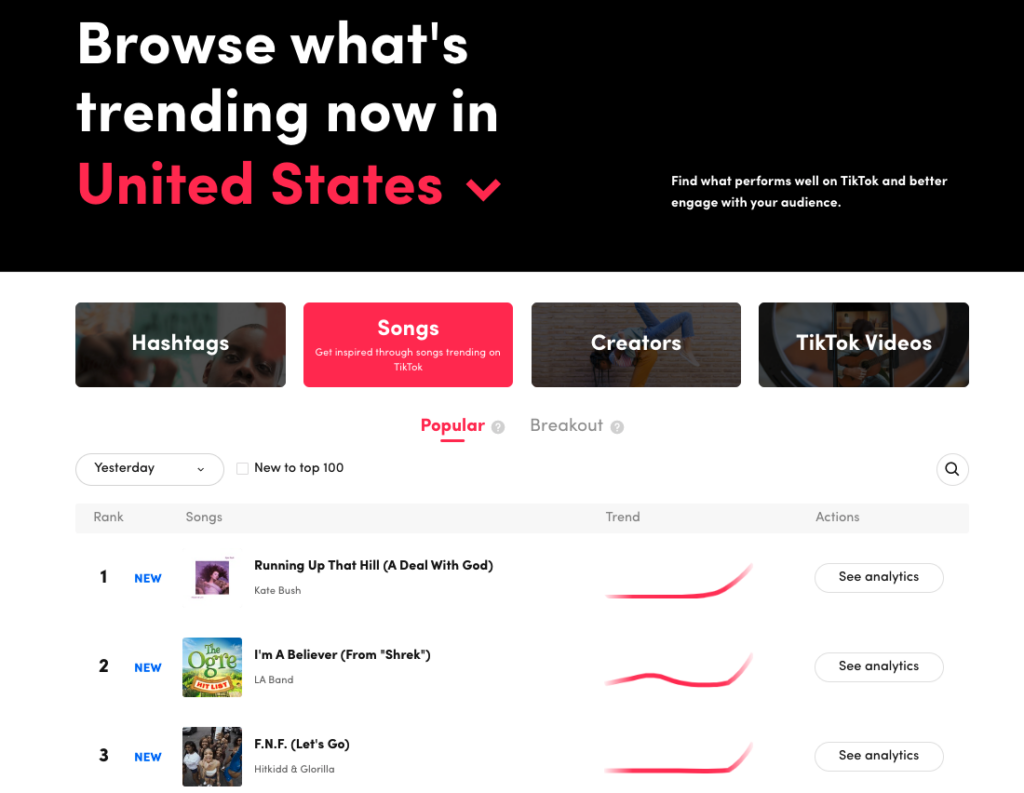 TikTok’s Trend Discovery page displaying options to search for popular TikTok songs. 