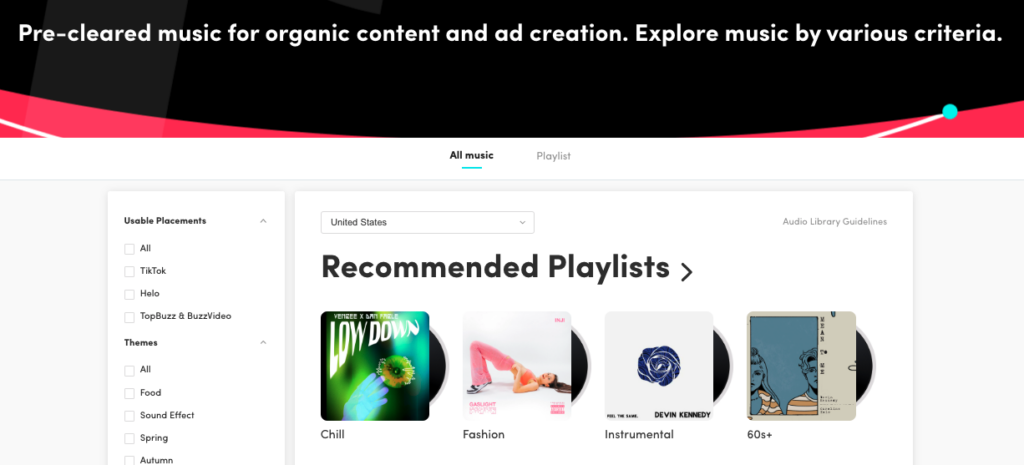 TikTok’s Audio Library page showing various options to search for royalty-free music on TikTok. 