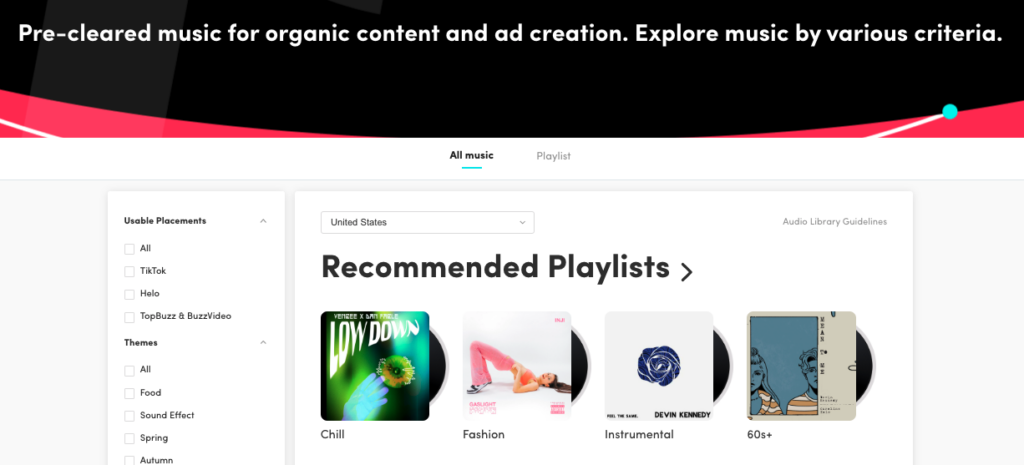 A página da biblioteca de áudio do TikTok mostra várias opções para pesquisar músicas isentas de royalties no TikTok. 