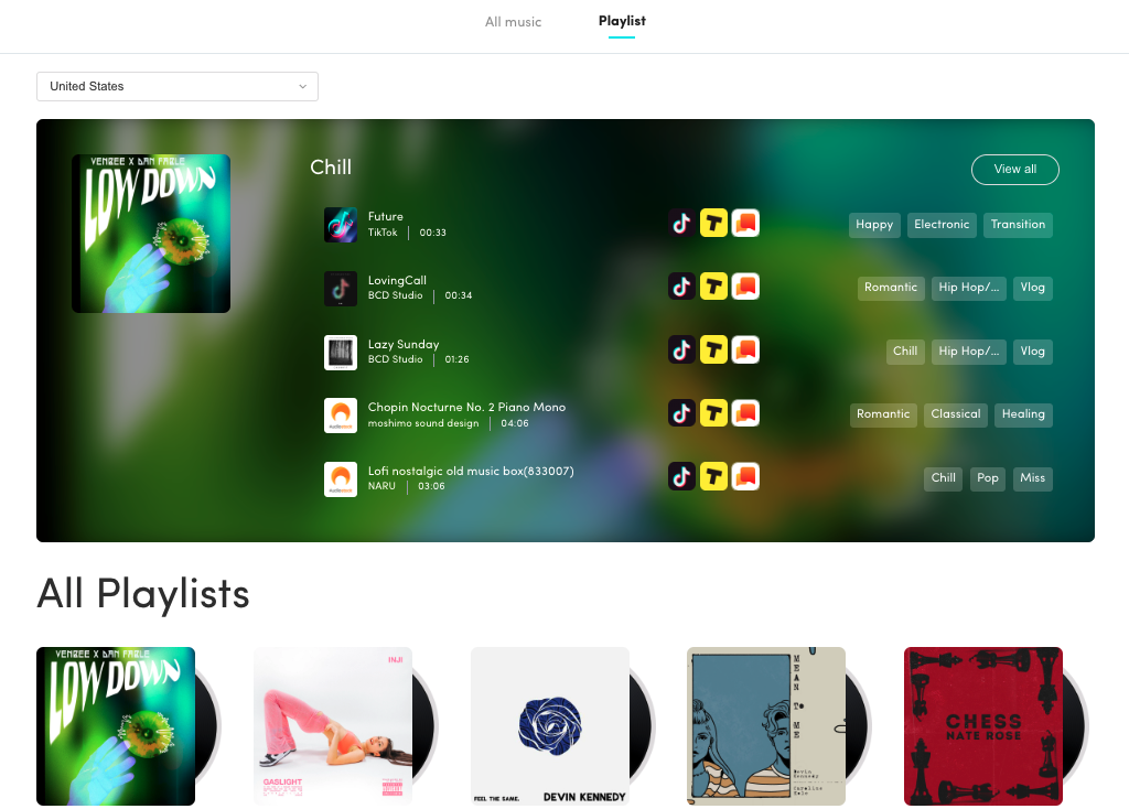 TikTok’s Audio Library showing the Playlist explore option. 