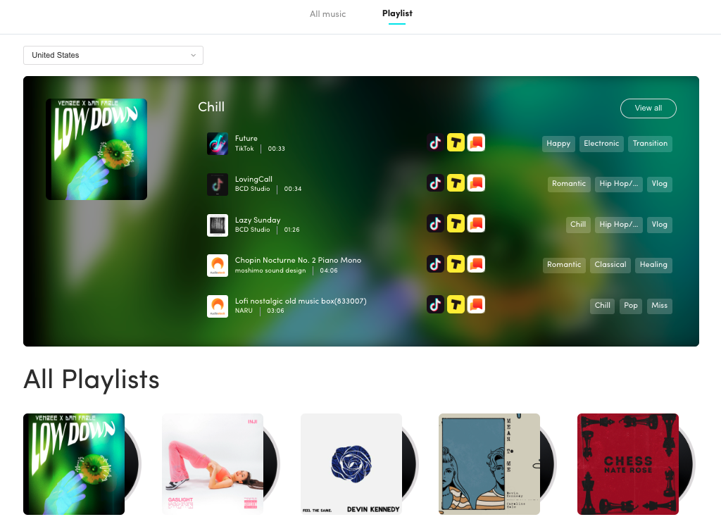 La libreria audio di TikTok mostra l'opzione Esplora playlist. 