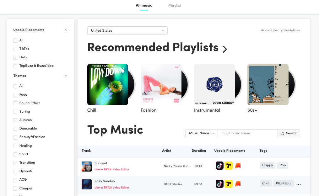 TikTok’s Audio Library showing the All Music explore option. 