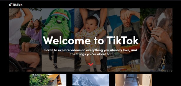 Pagina di benvenuto di TikTok per aiutare le persone a esplorare i video e le funzionalità della piattaforma, compresi gli strumenti di potenziamento nativi di TikTok.