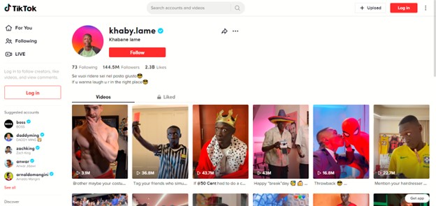 Capture d'écran du compte TikTok de Khaby lame, qui compte le plus grand nombre de followers à ce jour.