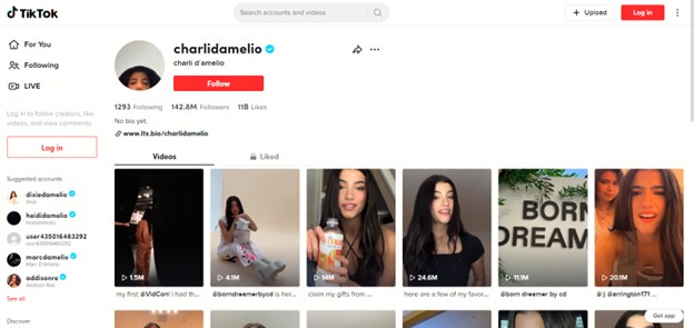 Screenshot della pagina TikTok di Charli D'Amelio con il secondo maggior numero di follower su TikTok.