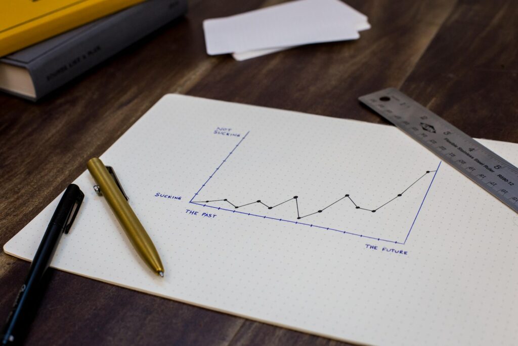 Um gráfico de linhas desenhado em papel mostrando o crescimento do TikTok. 