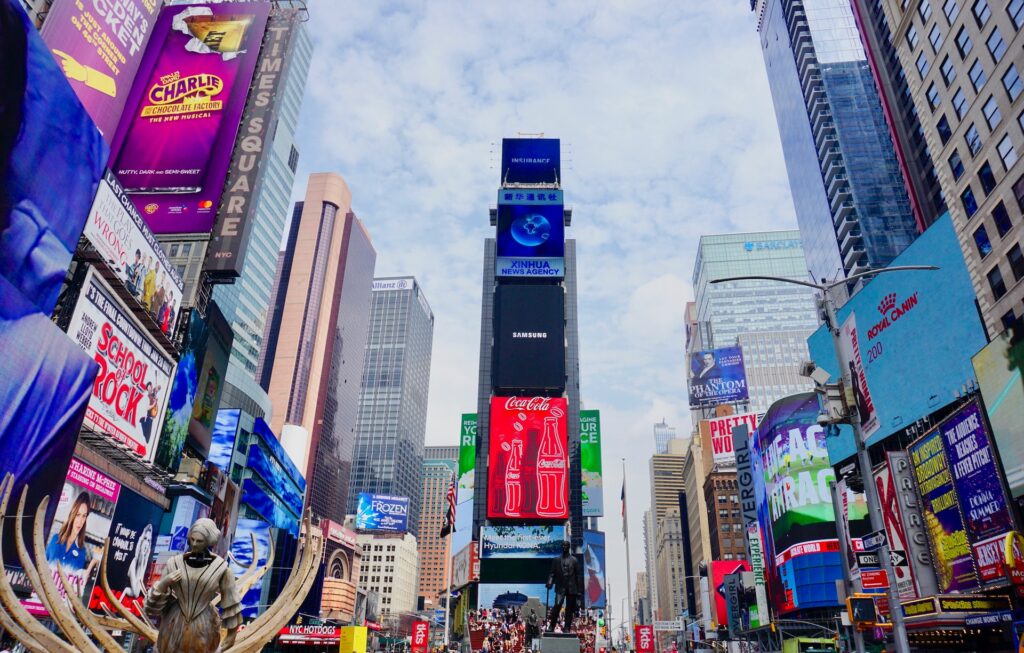 Giant billboards on buildings. 