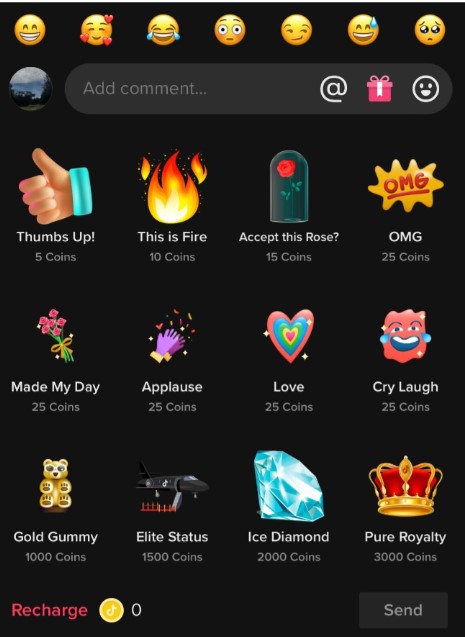 Photo of some sample Classic and Premium gifts on TikTok