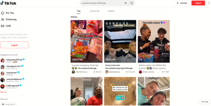 情侣们在 TikTok 上进行情侣购买挑战的视频剧照。