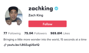 Screenshot van zachking TikTok bio met volgknop, aantal volgers en vind-ik-leuks.