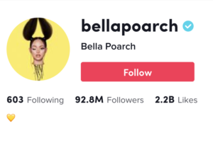 Screenshot of bellapoarch TikTok bio featuring follow button, following, followers, and like counts.