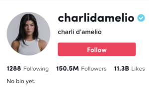 Screenshot of Charlidamelio TikTok bio and profile featuring follow button, following, followers, and like numbers.