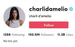 Screenshot van Charlidamelio TikTok bio en profiel met volgknop, volgen, volgers en like nummers.