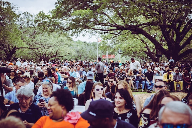 Um grande público em um parque que representa um grupo de anúncios de frequência e clientes qualificados.