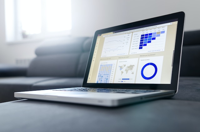 A laptop screen displaying various graphs. 
