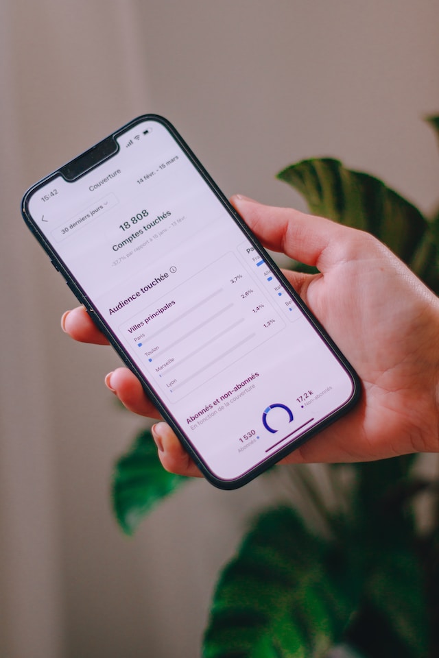 Een persoon met een telefoon in de hand die de statistieken van een sociale media-applicatie laat zien. 