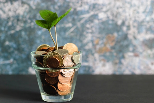 A small glass jar filled with coins supporting a small plant. 