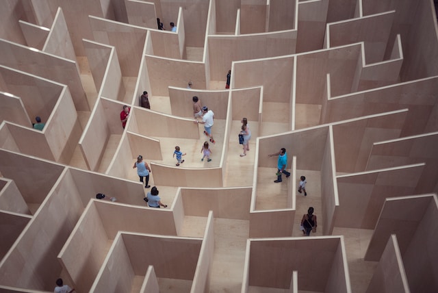 Overview shot of people in a giant maze. 