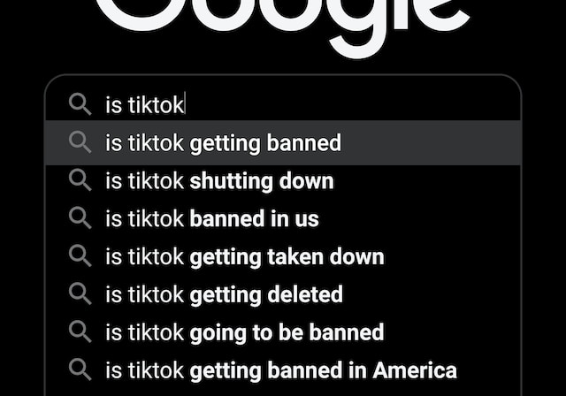 Écran affichant les résultats d'une recherche Google sur l'interdiction de TikTok. 