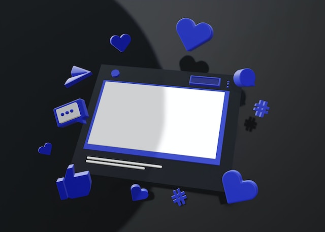 A black and violet graphic of a tablet screen and common social media react emojis.
