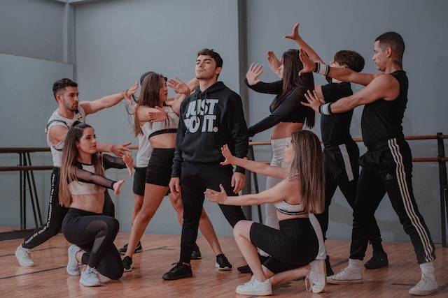 A group of people dancing.