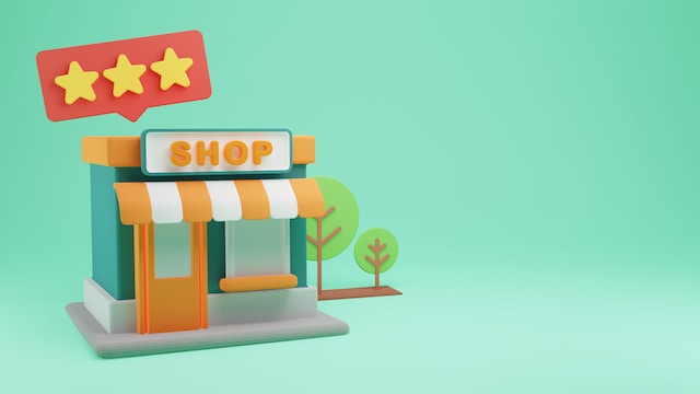 A colored graphic of a small shop on a green background.