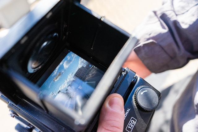 A person viewing images in a DLSR camera.