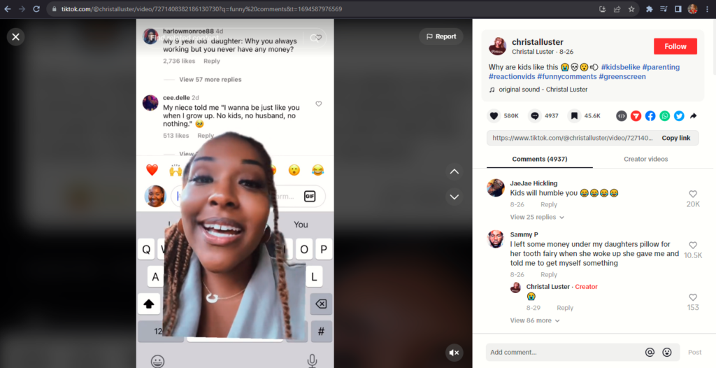 Screenshot of a TikTok video featuring a creator reacting to comments.