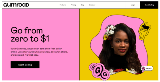 Gumroad homepage showing a woman with flowers in her hair.