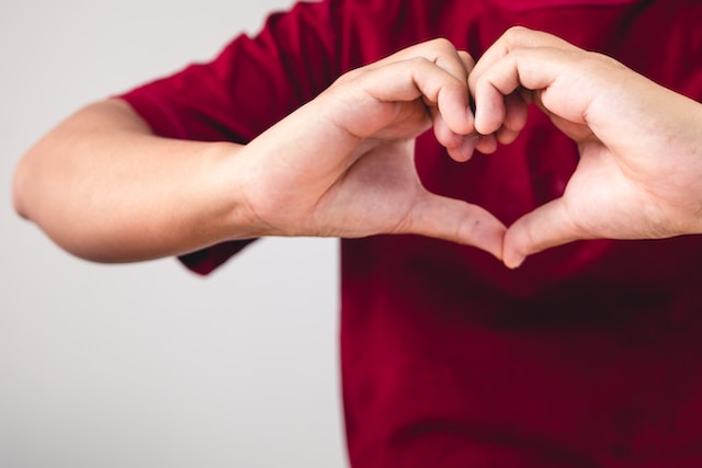 A person forming the shape of a heart with their hands.