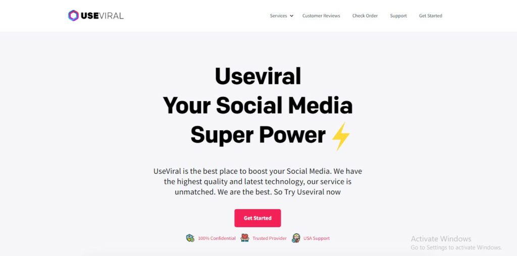 High Social 在桌面网页浏览器上的 UseViral 主页截图。 