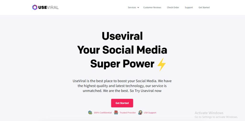 High SocialのデスクトップWebブラウザ上でのUseViralホームページのスクリーンショット。 