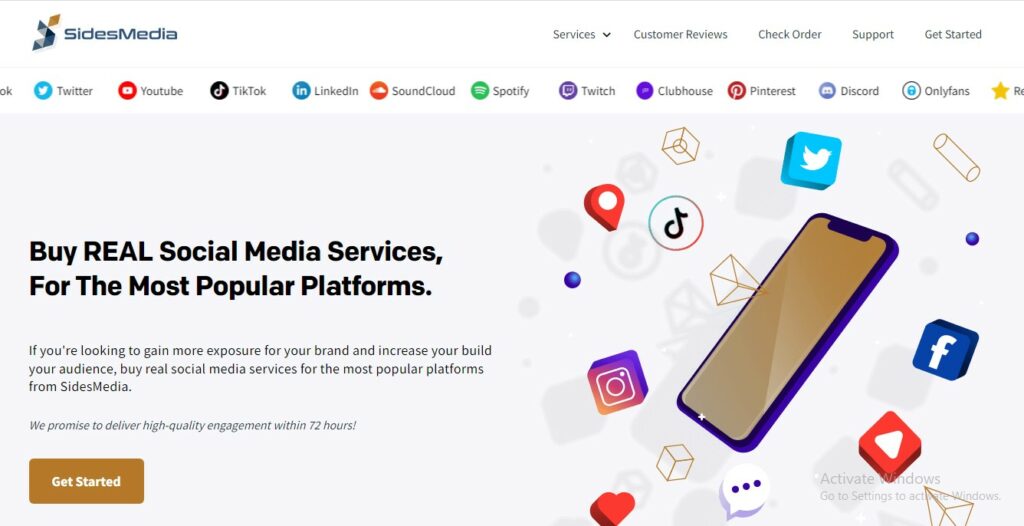 High Social 的 SidesMedia 桌面主页在网页浏览器上的截图。