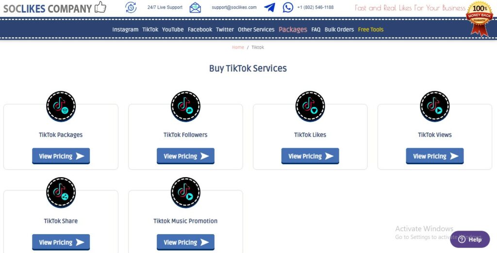 High Social's screenshot van de TikTok dienstenpagina op de SocLikes website.