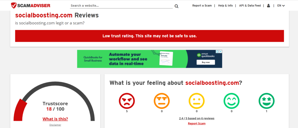 Social Boosting’s rating on Scam Adviser.