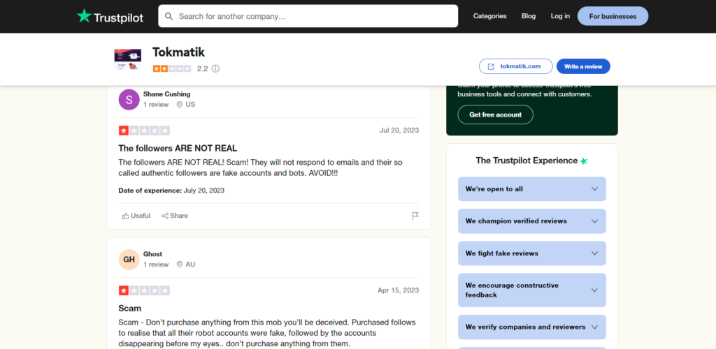 High Social’s screenshot of Trustpilot reviews of TokMatik.