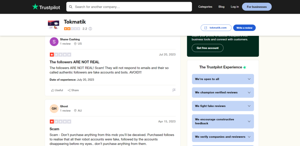 High SocialによるTokMatikのTrustpilotレビューのスクリーンショット。