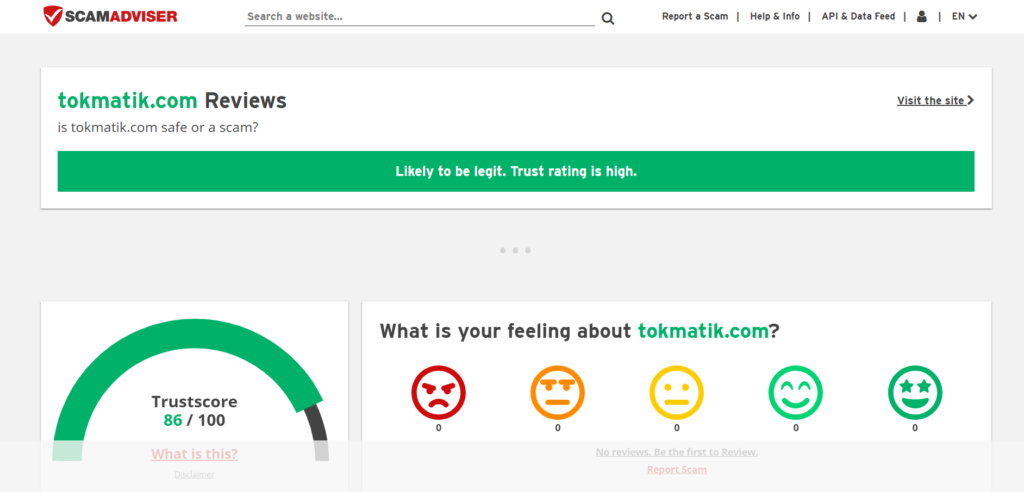 High SocialのScamAdviserでのTokMatikの評価のスクリーンショット。