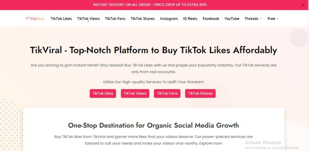 High Social 的 TikViral 主页在桌面浏览器上的截图。