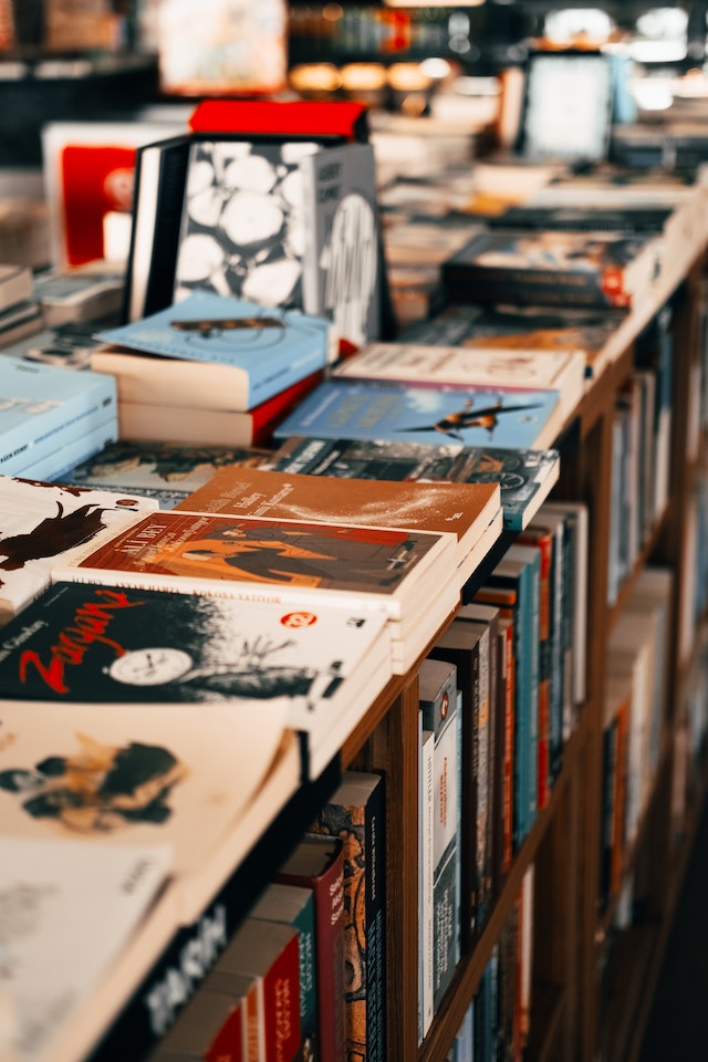 Various genres of stories on a shelf.