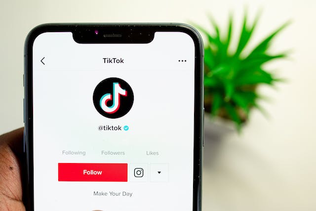 Ecranul unui telefon afișează pagina principală a profilului TikTok, cu butonul roșu "Follow" sub logo. 