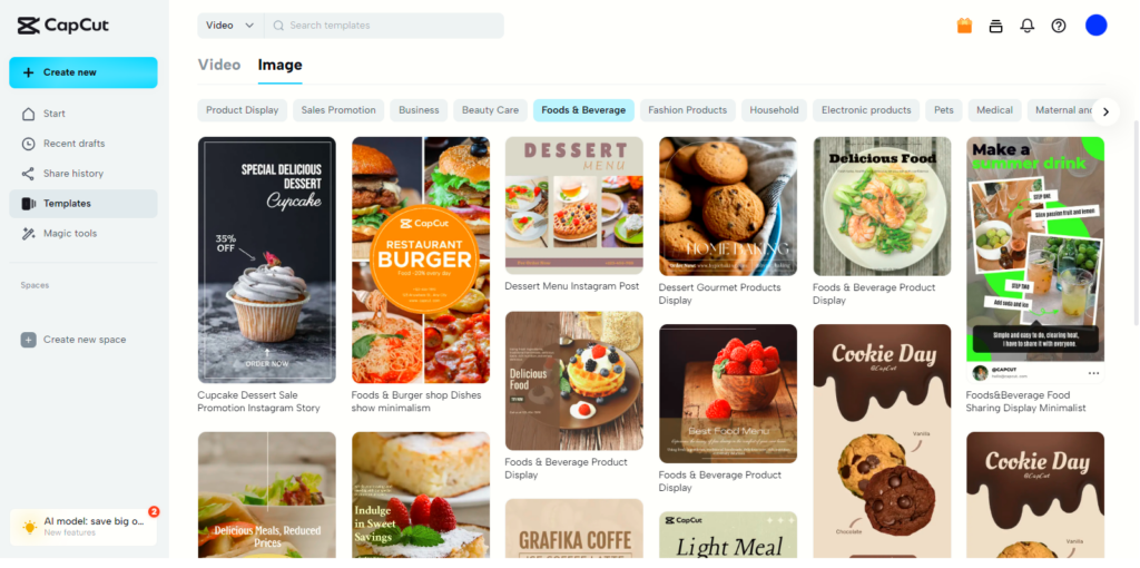 Screenshot of CapCut Templates page displaying options for Foods & Beverage graphics.