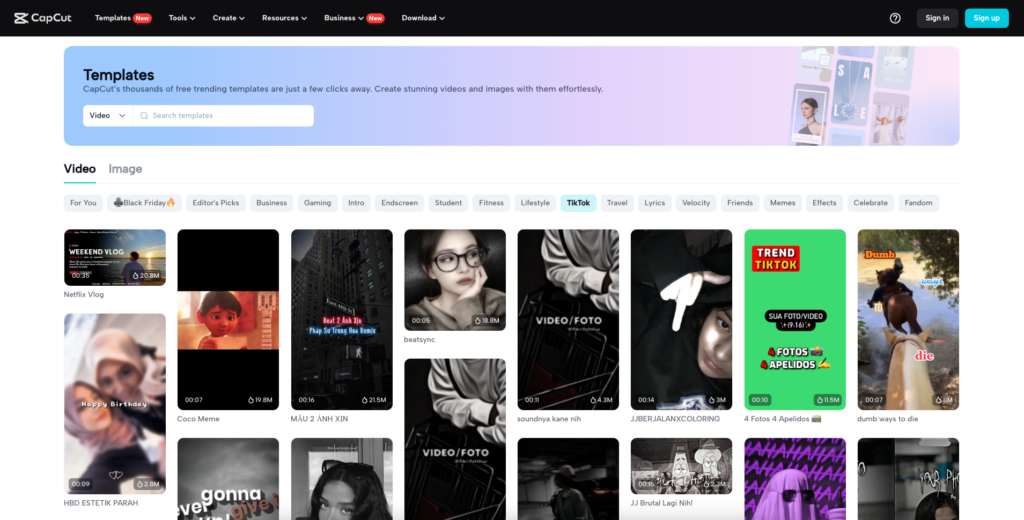 CapCut homepage screen of TikTok templates.
