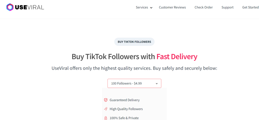 Capture d'écran de la page d'accueil de UseViral pour l'achat de followers sur TikTok.