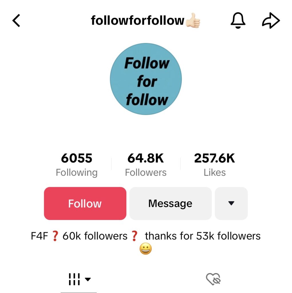 Captură de ecran de la High Social a unui profil și a unei biografii de pe TikTok care indică statutul de follow-for-follow al utilizatorului.