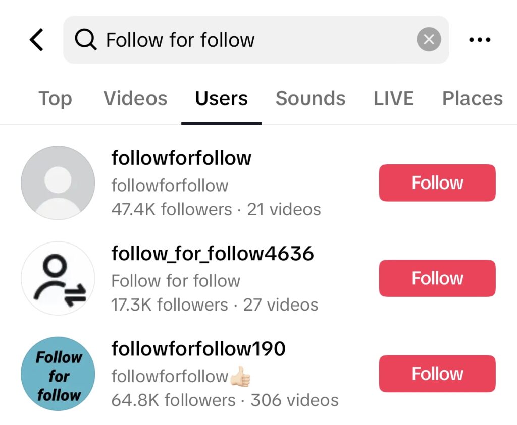 Capture d'écran de High Social d'une liste de comptes "follow-for-follow" dans les résultats de recherche de TikTok.